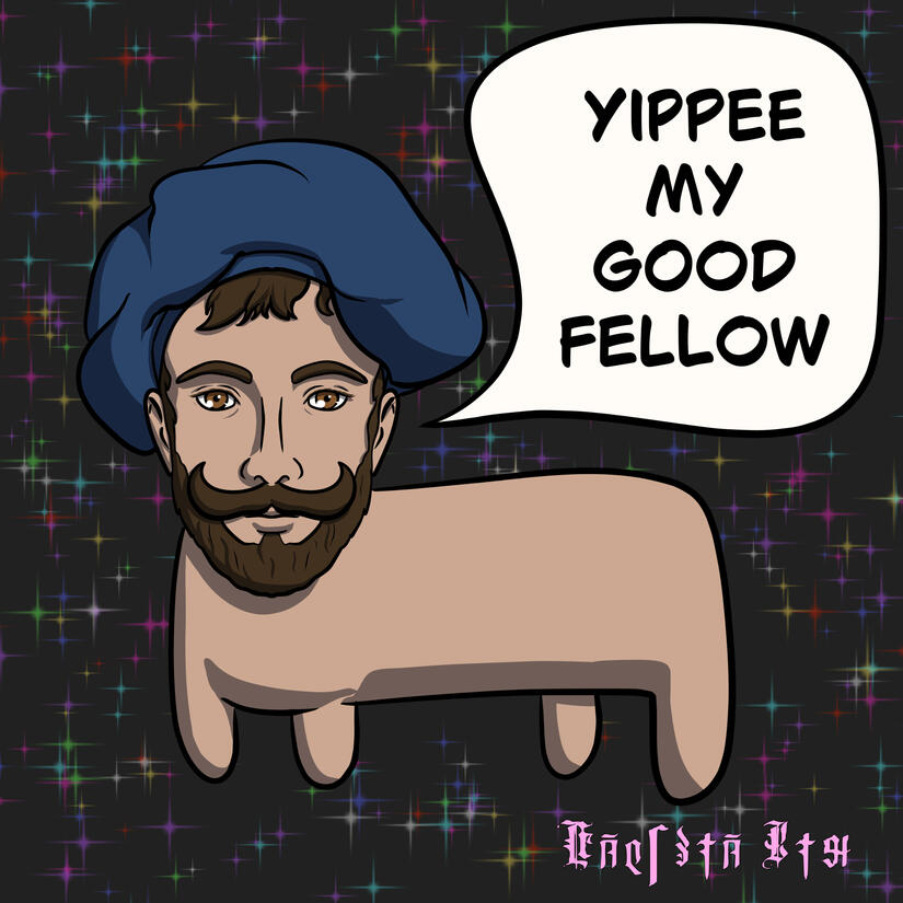 Yippee! Volo Creature Volothamp Geddarm styled like the Autism Creature meme with a speech bubble that reads "yippee my good fellow"