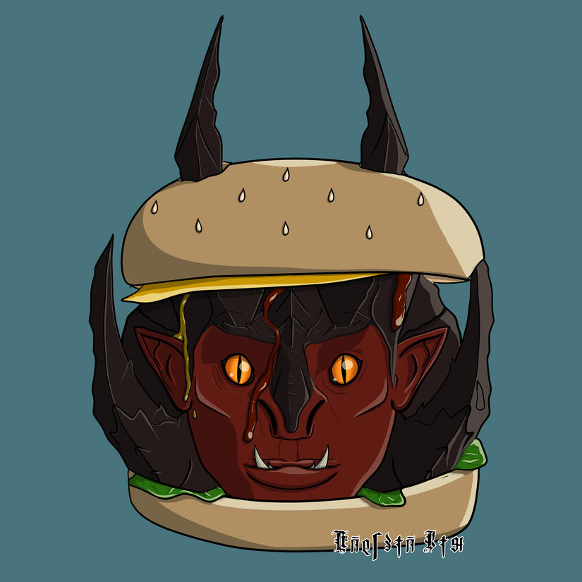 Hambyurgir Yurgir's head but inside a hamburger bun to make the pun of hambyurgir. There is sauce dripping down his brow and his upper horns are piercing through the bread.