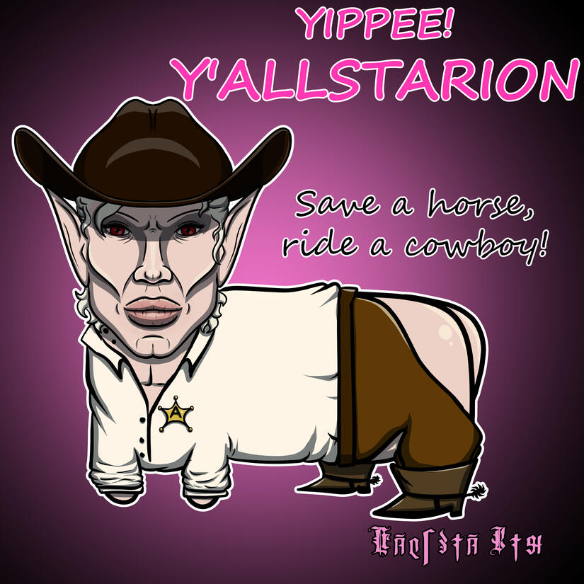 Astarion styled as the autism creature dressed in a cowboy outfit. His face is also drawn in the style of the "handsome squidward" mod. The image includes the text "yippee! y'allstarion. Save a horse, ride a cowboy!"
