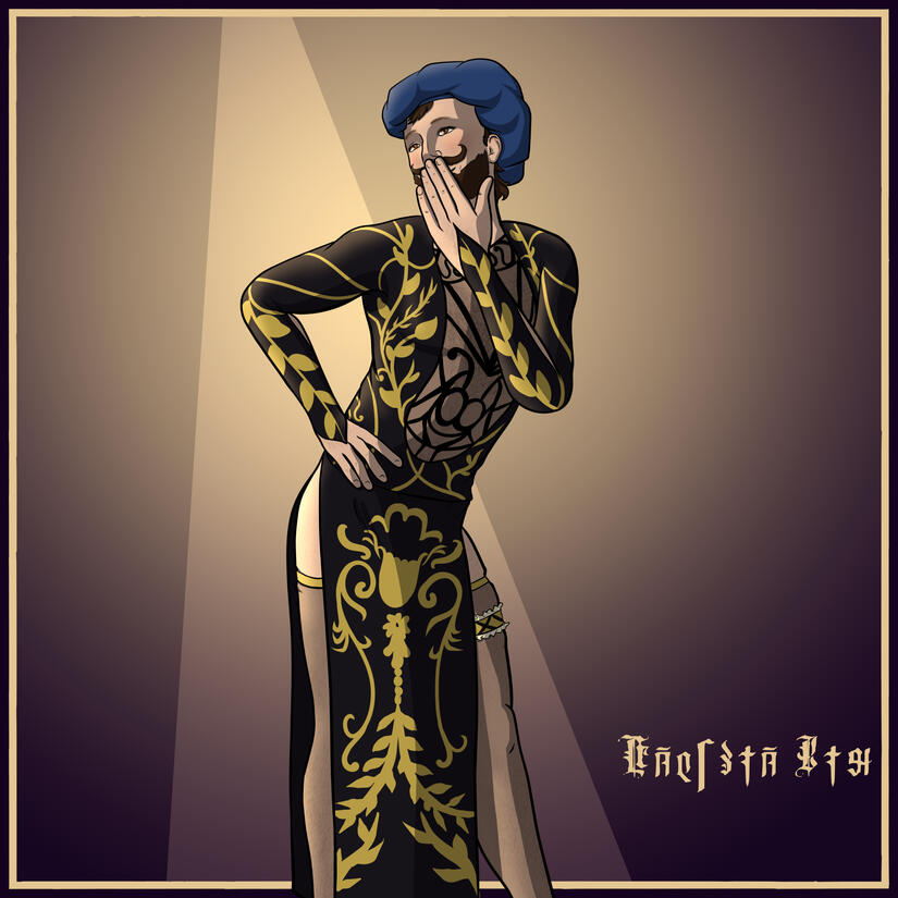 Volothamp Geddarm wearing Mystra's dress and his usual blue hat, posed in a slightly suggestive manner with one hand on his hip and the other to his mouth.