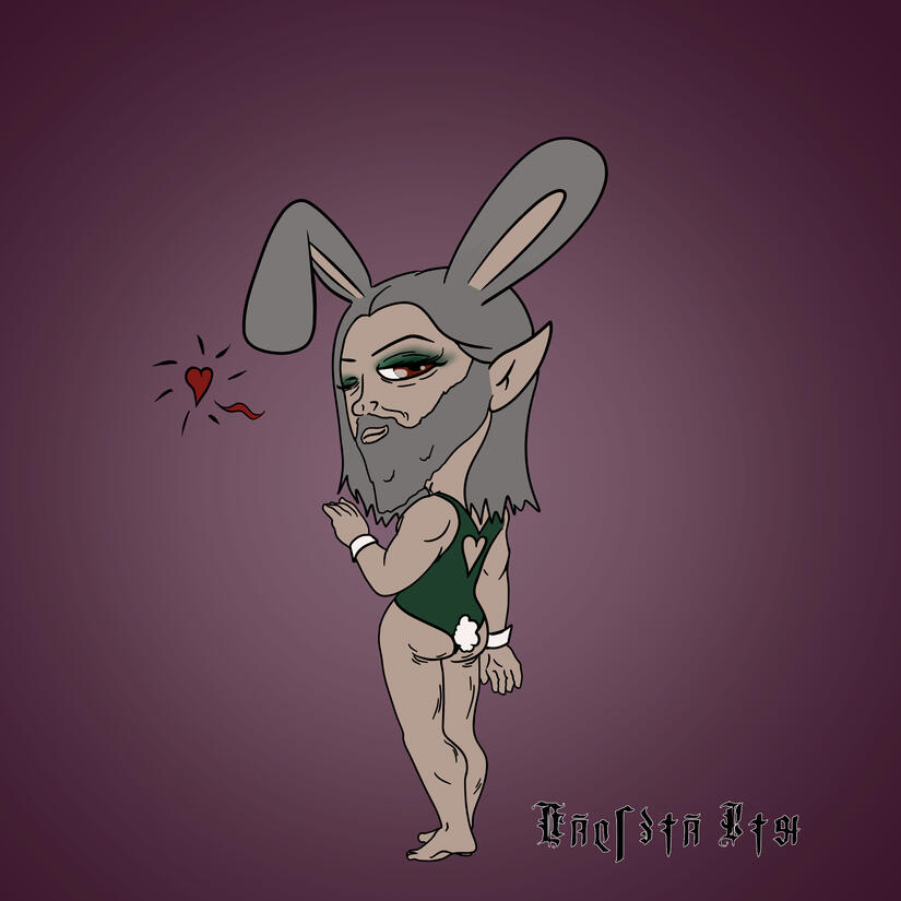 Ketherbunny Ketheric Thorm in a chibi style with bunny ears and wearing a playboy bunny swimsuit with tail. He is stood in a suggestive pose, looking back over his shoulder and winking at the viewer.