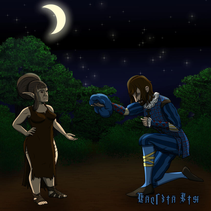 Volothamp Geddarm on one knee facing Gribbo the goblin, holding out his hat in one hand in place of a ring. The background is a clearing in the woods at night with the moon and stars in the sky.