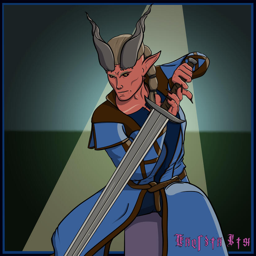 Asharak holding a sword in a low and defensive stance