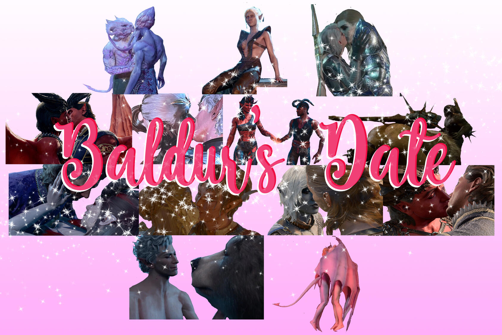 Baldur's Date A graphic with the words Baldur's Date in bright pink cursive script, over the top of various screenshots of characters from BG3 in romantic scenarios like kissing or holding hands.